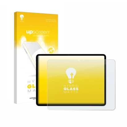 Face avant d’un emballage produit avec le logo de la marque upscreen. À côté, l’appareil Apple iPad Air 13" M4 2026 est représ