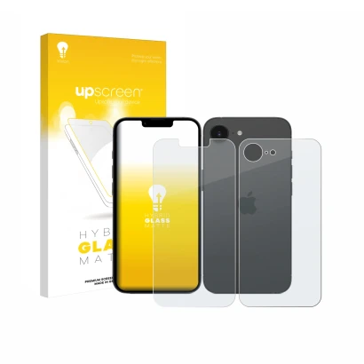Face avant d’un emballage produit avec le logo de la marque upscreen. À côté, l’appareil Apple iPhone 17e (Avant+Arrière) est 