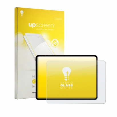 Face avant d’un emballage produit avec le logo de la marque upscreen. À côté, l’appareil OnePlus Pad 4 est représenté avec la 