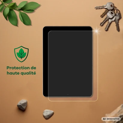 Appareil avec film protecteur, à côté des clés, des pierres, des feuilles et le texte "Protection de haute qualité".