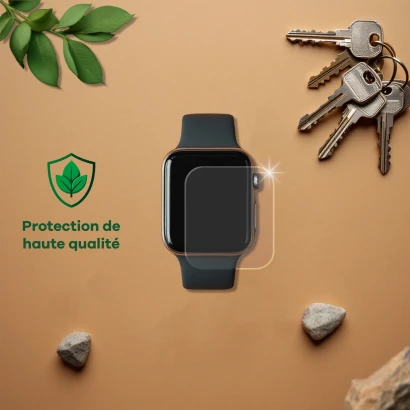 Appareil avec film protecteur, à côté des clés, des pierres, des feuilles et le texte "Protection de haute qualité".