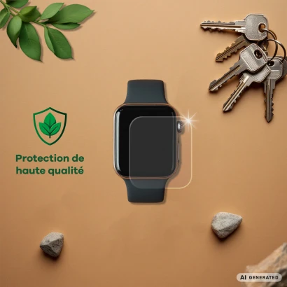 Appareil avec film protecteur, à côté des clés, des pierres, des feuilles et le texte "Protection de haute qualité".
