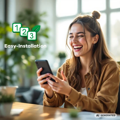 Jeune femme riant avec un smartphone à la main ; à côté, "Installation facile" avec le symbole "1 2 3" et une feuille.
