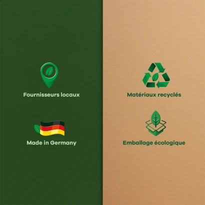 Inscriptions contenant les informations suivantes : fournisseurs régionaux, matériaux recyclés "Made in Germany" et emballage 