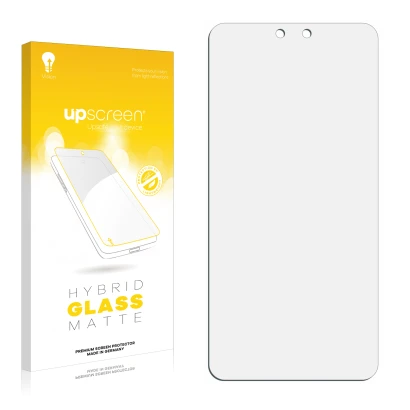 Face avant d’un emballage produit avec le logo de la marque upscreen. À côté se trouve la protection d’écran correspondante.