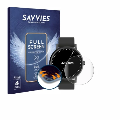 Face avant d’un emballage produit avec le logo de la marque Savvies. À côté, l’appareil Montres (Circulaire, ø: 32 mm) est rep