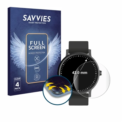 Face avant d’un emballage produit avec le logo de la marque Savvies. À côté, l’appareil Montres (Circulaire, ø: 42 mm) est rep