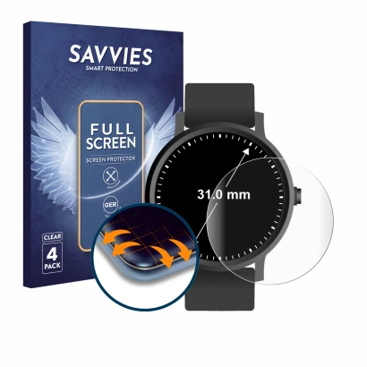 Face avant d’un emballage produit avec le logo de la marque Savvies. À côté, l’appareil Montres (circulaire, ø: 31 mm) est rep