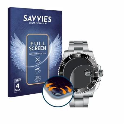 Face avant d’un emballage produit avec le logo de la marque Savvies. À côté, l’appareil Rolex Submariner (Date) est représenté