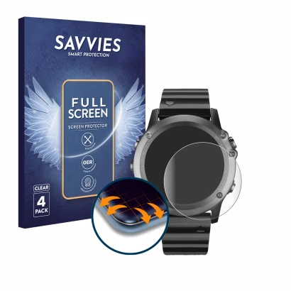 Face avant d’un emballage produit avec le logo de la marque Savvies. À côté, l’appareil Garmin Fenix 3 est représenté avec la 