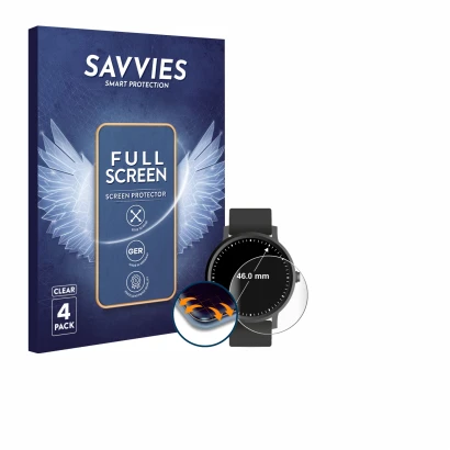 Face avant d’un emballage produit avec le logo de la marque Savvies. À côté, l’appareil Montres (Circulaire, ø: 46 mm) est rep