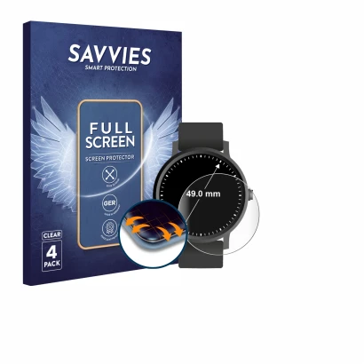 Face avant d’un emballage produit avec le logo de la marque Savvies. À côté, l’appareil Montres (Circulaire, ø: 49 mm) est rep
