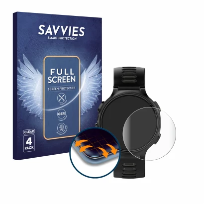 Face avant d’un emballage produit avec le logo de la marque Savvies. À côté, l’appareil Garmin Forerunner 735XT est représenté