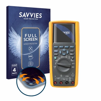 Face avant d’un emballage produit avec le logo de la marque Savvies. À côté, l’appareil Fluke MultiMeter 289 est représenté av