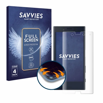 Face avant d’un emballage produit avec le logo de la marque Savvies. À côté, l’appareil Sony Xperia X Compact est représenté a