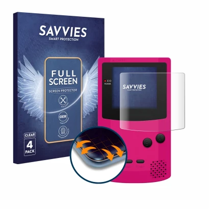 Face avant d’un emballage produit avec le logo de la marque Savvies. À côté, l’appareil Nintendo Gameboy Color est représenté 