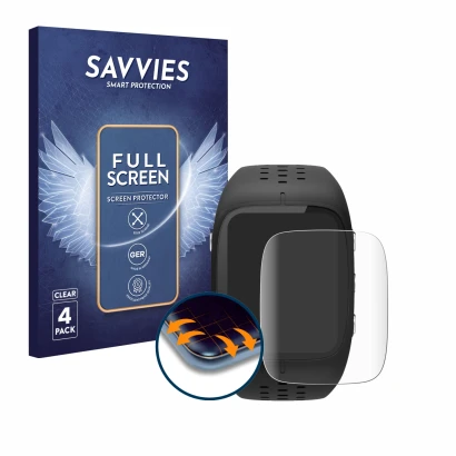 Face avant d’un emballage produit avec le logo de la marque Savvies. À côté, l’appareil Polar M430 est représenté avec la prot