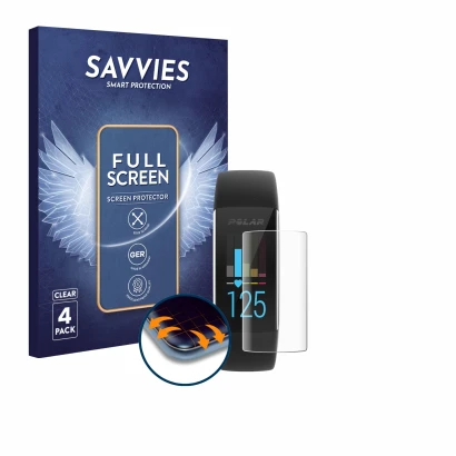 Face avant d’un emballage produit avec le logo de la marque Savvies. À côté, l’appareil Polar A370 est représenté avec la prot