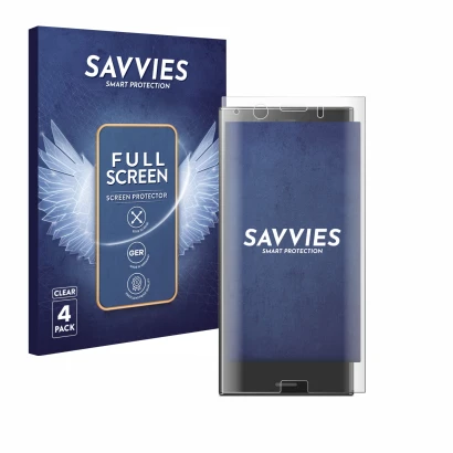 Face avant d’un emballage produit avec le logo de la marque Savvies. À côté, l’appareil Sony Xperia XZ1 Compact est représenté
