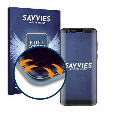 Face avant d’un emballage produit avec le logo de la marque Savvies. À côté, l’appareil Huawei P smart 2018 est représenté ave