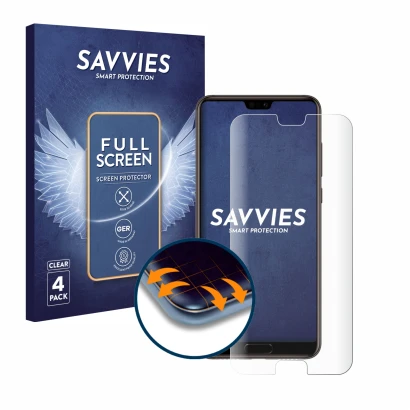 Face avant d’un emballage produit avec le logo de la marque Savvies. À côté, l’appareil Huawei P20 est représenté avec la prot
