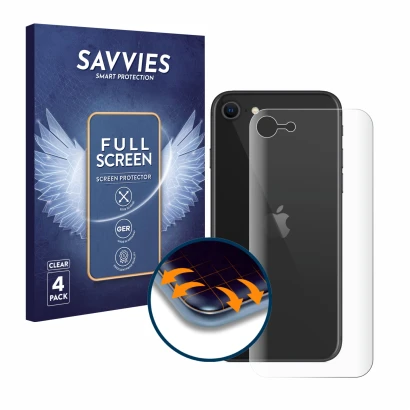Face avant d’un emballage produit avec le logo de la marque Savvies. À côté, l’appareil Apple iPhone SE 2 2020 (Le dos) est re