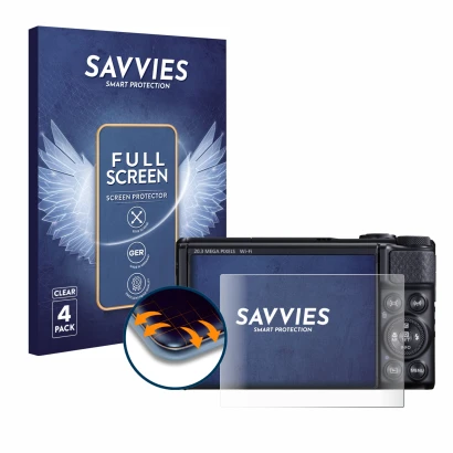 Face avant d’un emballage produit avec le logo de la marque Savvies. À côté, l’appareil Canon PowerShot SX740 HS est représent