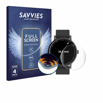Face avant d’un emballage produit avec le logo de la marque Savvies. À côté, l’appareil Montres (Circulaire, ø: 34.5 mm) est r