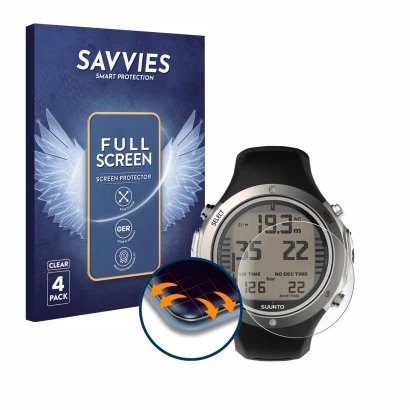 Face avant d’un emballage produit avec le logo de la marque Savvies. À côté, l’appareil Suunto D6I Novo est représenté avec la