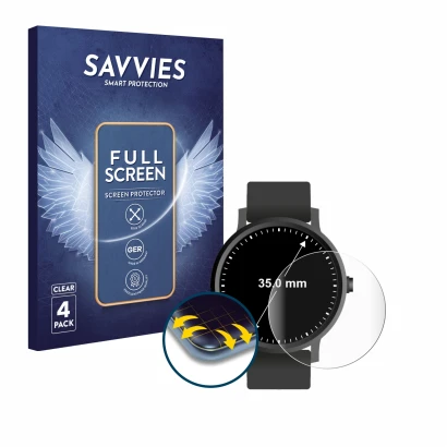 Face avant d’un emballage produit avec le logo de la marque Savvies. À côté, l’appareil Circulaire Displays (ø: 35 mm) est rep