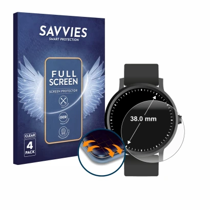 Face avant d’un emballage produit avec le logo de la marque Savvies. À côté, l’appareil Circulaire Displays (ø: 38 mm) est rep