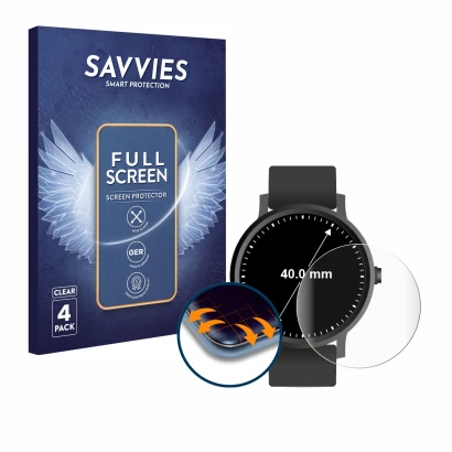 Face avant d’un emballage produit avec le logo de la marque Savvies. À côté, l’appareil Circulaire Displays (ø: 40 mm) est rep