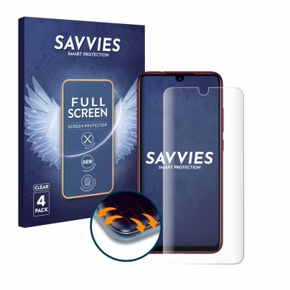Face avant d’un emballage produit avec le logo de la marque Savvies. À côté, l’appareil Xiaomi Redmi Note 7 est représenté ave