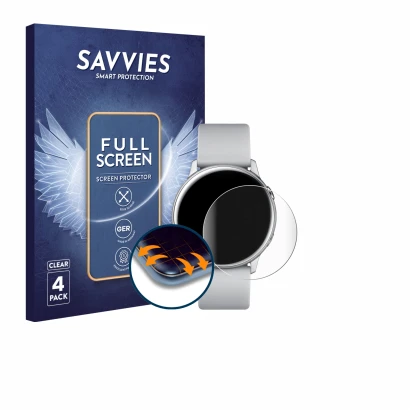 Face avant d’un emballage produit avec le logo de la marque Savvies. À côté, l’appareil Samsung Galaxy Watch Active est représ