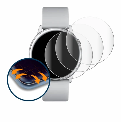 Image de l'appareil Samsung Galaxy Watch Active avec une grande variété de protections d'écran.
