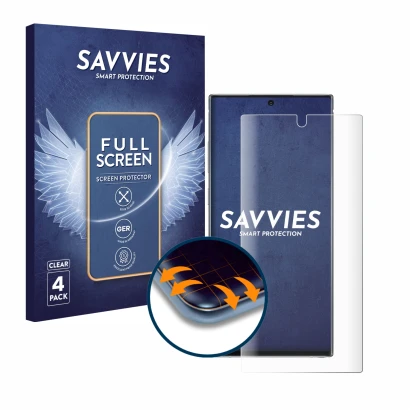 Face avant d’un emballage produit avec le logo de la marque Savvies. À côté, l’appareil Samsung Galaxy Note 10 Plus est représ