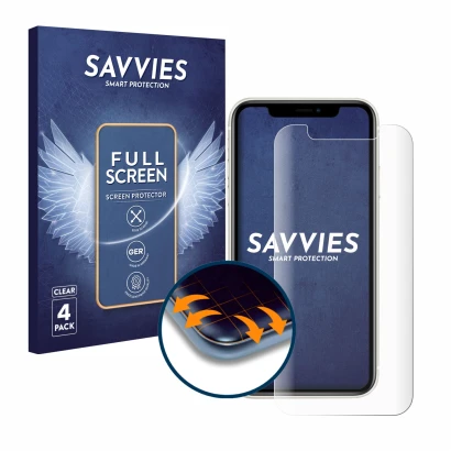Face avant d’un emballage produit avec le logo de la marque Savvies. À côté, l’appareil Apple iPhone 11 est représenté avec la