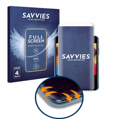 Face avant d’un emballage produit avec le logo de la marque Savvies. À côté, l’appareil Huawei Nova 5T est représenté avec la 