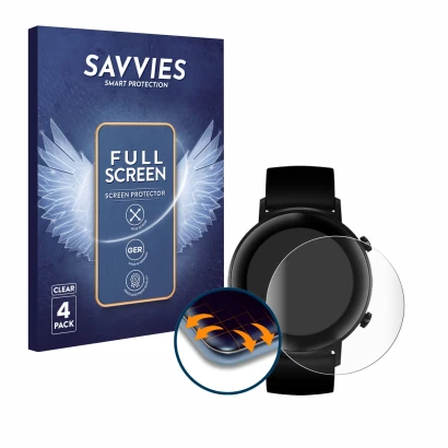 Face avant d’un emballage produit avec le logo de la marque Savvies. À côté, l’appareil Huawei Watch GT 2 (42 mm) est représen