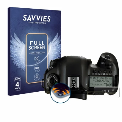 Face avant d’un emballage produit avec le logo de la marque Savvies. À côté, l’appareil Canon EOS 5D Mark IV (affichage des ép