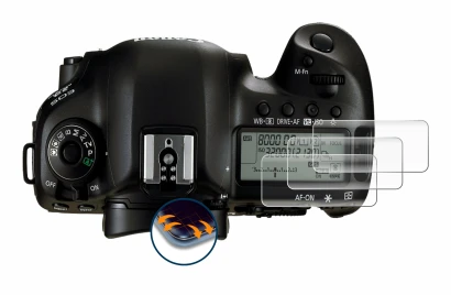 Image de l'appareil Canon EOS 5D Mark IV (affichage des épaules) avec une grande variété de protections d'écran.