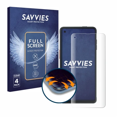 Face avant d’un emballage produit avec le logo de la marque Savvies. À côté, l’appareil Samsung Galaxy XCover Pro est représen