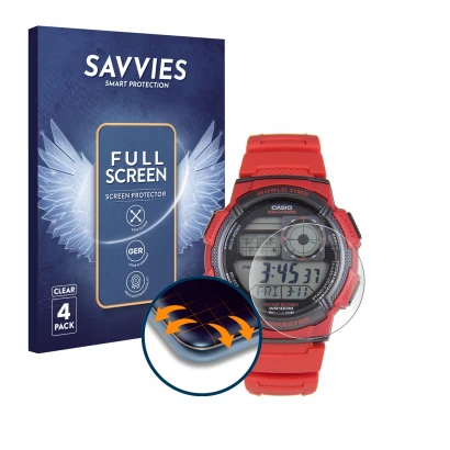 Face avant d’un emballage produit avec le logo de la marque Savvies. À côté, l’appareil Casio AE-1000W est représenté avec la 
