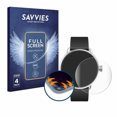 Face avant d’un emballage produit avec le logo de la marque Savvies. À côté, l’appareil Withings ScanWatch (38 mm) est représe