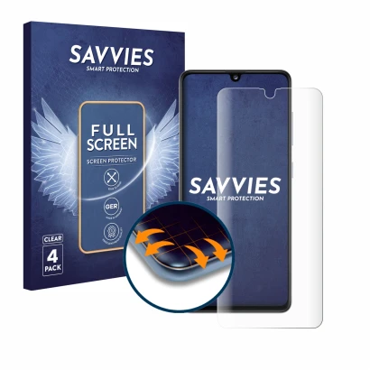Face avant d’un emballage produit avec le logo de la marque Savvies. À côté, l’appareil Samsung Galaxy A41 est représenté avec