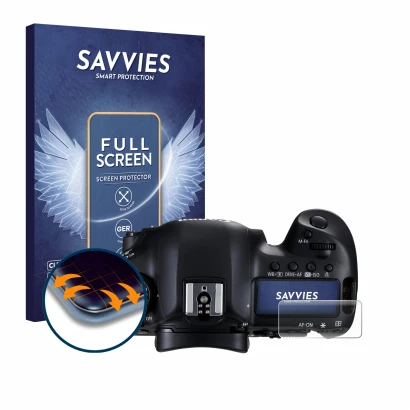 Face avant d’un emballage produit avec le logo de la marque Savvies. À côté, l’appareil Canon EOS 5D Mark III (affichage des é