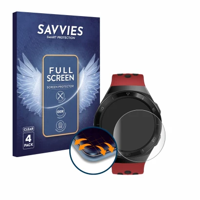 Face avant d’un emballage produit avec le logo de la marque Savvies. À côté, l’appareil Huawei Watch GT 2e est représenté avec
