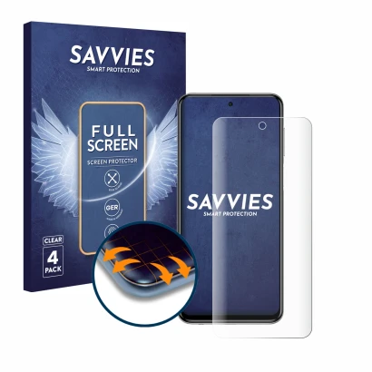 Face avant d’un emballage produit avec le logo de la marque Savvies. À côté, l’appareil Xiaomi Redmi Note 9S est représenté av