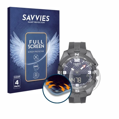 Face avant d’un emballage produit avec le logo de la marque Savvies. À côté, l’appareil Tissot T-Touch Connect Solar est repré