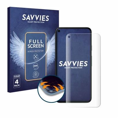 Face avant d’un emballage produit avec le logo de la marque Savvies. À côté, l’appareil Google Pixel 5 est représenté avec la 